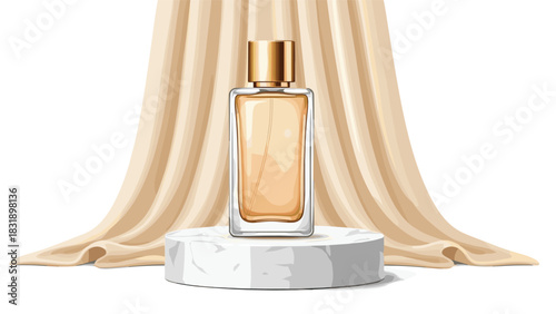 Elegant perfume bottle on marble pedestal with flowing fabric creates a luxurious beauty brand aesthetic for marketing campaigns