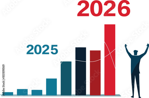 Celebrating 2026 Business Growth: Man with Arms Raised Beside Rising Bar Graph Shows Impressive Financial Projections, Success, and Positive Future Outlook