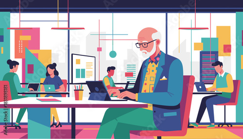 Diverse team collaborating on laptops in a vibrant modern openplan office Corporate productivity