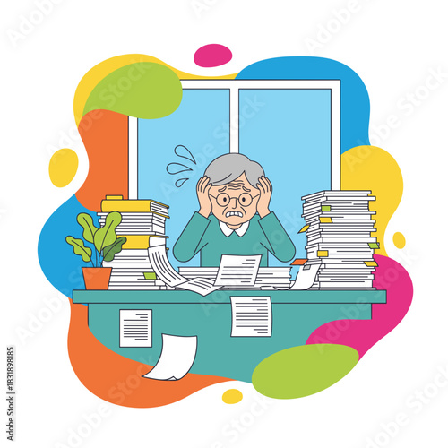 Stressed senior overwhelmed by mountains of office paperwork Workload anxiety and bureaucracy concept