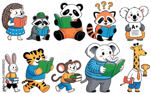 A diverse group of anthropomorphic animals are depicted reading books and holding academic achievements.