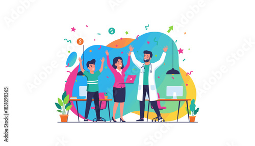 Business team and doctor celebrate success and financial goals with victory arms raised