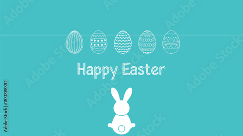 Simple white easter eggs and bunny illustration on teal background with happy easter text