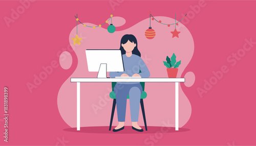 Woman working remotely on a computer desk decorated with Christmas ornaments