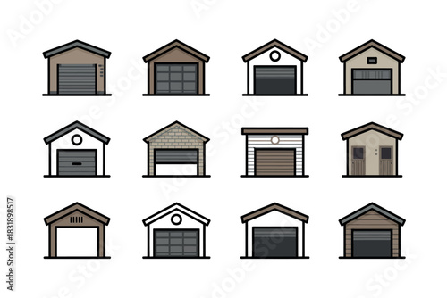 A collection of twelve different garage door styles arranged in a grid formation.