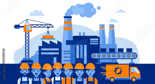 Industrial workers team standing before factory complex illustrating manufacturing production and logistics