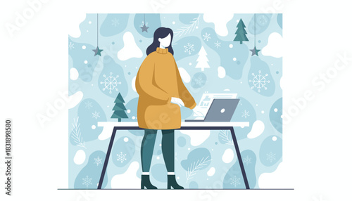 Woman working on laptop in cozy winter setting with snowflakes Holiday business and remote work concept