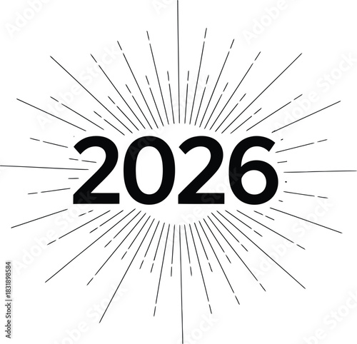 Bold 2026 burst design for New Year's celebrations and futuristic projects, sparking excitement and anticipation for the year ahead with modern simplicity