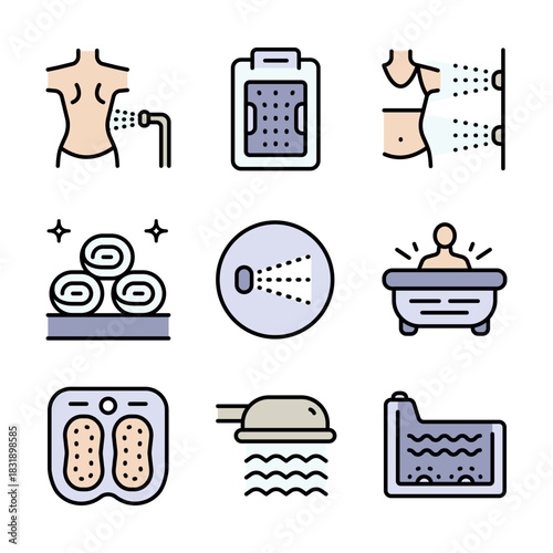 Hydro massage color icons set. Spa aqua. Park bathing. Health care and medical vector symbols isolated on white background.