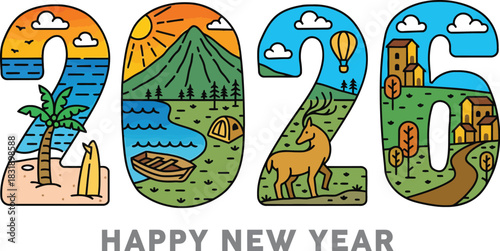 Celebrate a joyful 2026 with vibrant nature scenes inside each number, wishing everyone a Happy New Year for travel and adventure