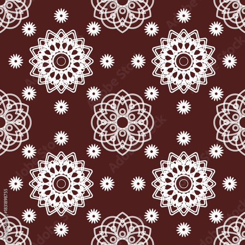 Seamless vector pattern featuring intricate floral and spiral line art in red and white, arranged in symmetrical ornamental motifs for elegant decorative design.