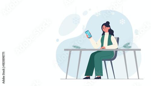 Sad woman checks smartphone at a desk during winter Concept of holiday stress loneliness or burnout