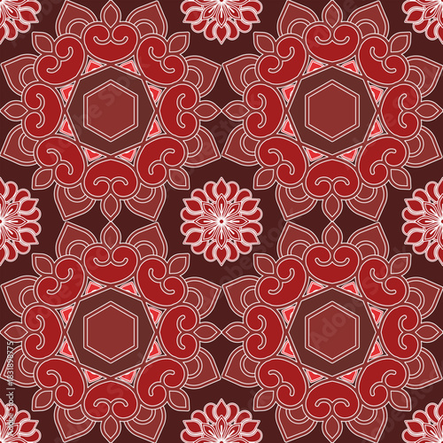 Seamless vector pattern featuring intricate floral and spiral line art in red and white, arranged in symmetrical ornamental motifs for elegant decorative design.