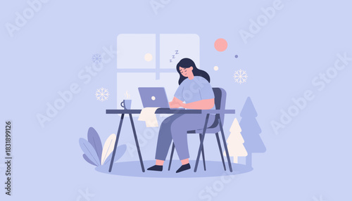 Tired woman falls asleep working remotely on a laptop in a winter home office illustration
