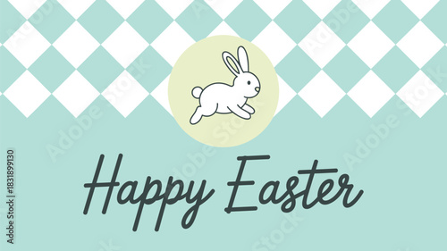 Cute cartoon bunny hopping happily on a pastel background with happy easter text