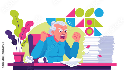 Angry senior woman overwhelmed by paperwork and stress at her office desk