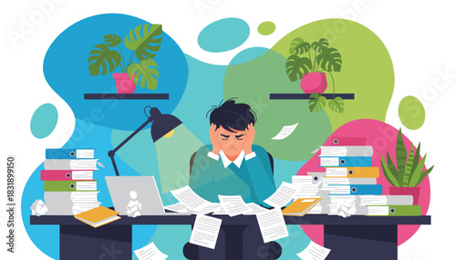 Stressed employee overwhelmed by paperwork and deadlines at a cluttered desk Workload burnout concept