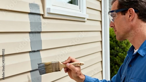 Home improvement professional using a brush to apply weatherproof striping on house siding for enhanced moisture protection.