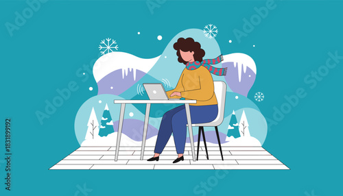 Professional woman working on a laptop against a stylized winter backdrop