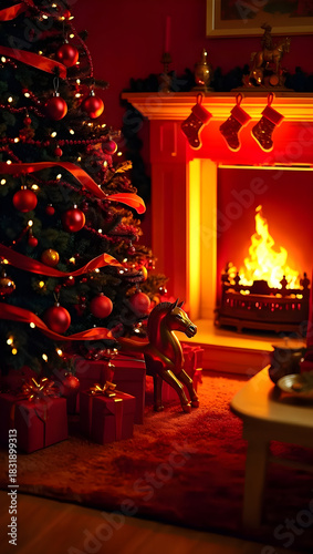 Christmas tree glowing near fireplace with gifts
