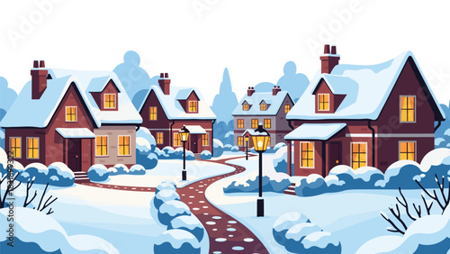 Charming snow covered village scene with cozy houses aglow during the winter holidays for seasonal cards and festive designs