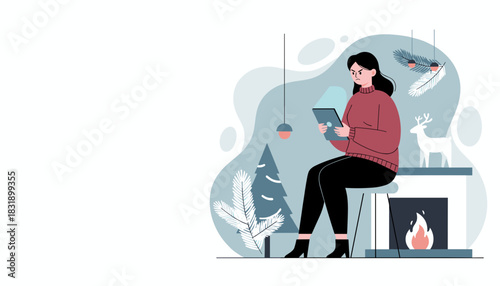 Woman feels anger using a tablet by the fireplace during the Christmas season
