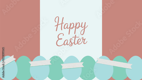 Happy easter greeting card with pastel colored eggs and decorative ribbons on a soft background