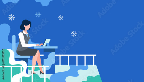 Professional woman working on laptop outside during winter snowfall illustration