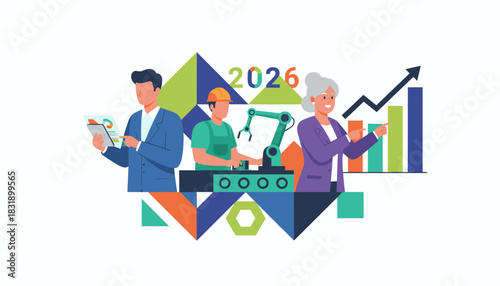 Diverse team plans 2026 business growth using industry automation and financial strategy