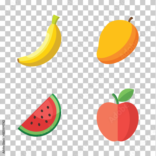 Four Flat Design Fruits Banana Mango Watermelon Slice Apple Isolated vector illustration