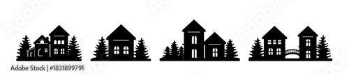 Beautiful town and village silhouette. Winter houses on white background. landscape with trees and houses template vector. Christmas crafts and festive illustration.