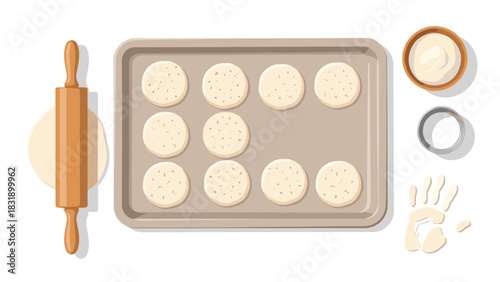 Delicious homemade sugar cookies baking prep with a rolling pin and cookie cutter, perfect for family baking memories