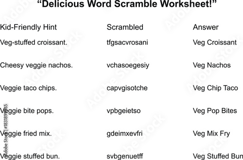 A printable worksheet featuring scrambled words related to food, with a section for answers. Perfect for fun learning and vocabulary building.