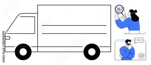 Logistics concept. Logistics involves delivery services with a truck and communication for planning. Logistics streamlines goods transport and efficient supply chains. For shipping, freight, customer