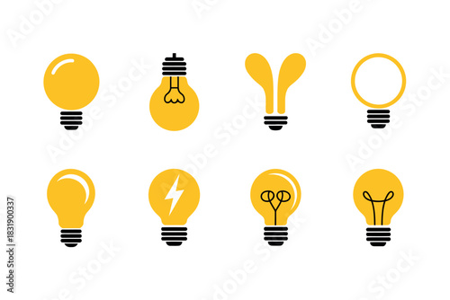 A collection of eight distinct light bulb icons represents various ideas and innovation concepts.