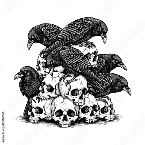 A pile of human skulls is topped by several black ravens, some perched and some nestled among the bones, in a detailed black and white illustration.