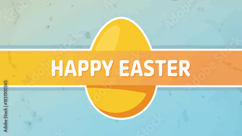 Bright yellow easter egg graphic with happy easter text on an orange banner against a textured blue background