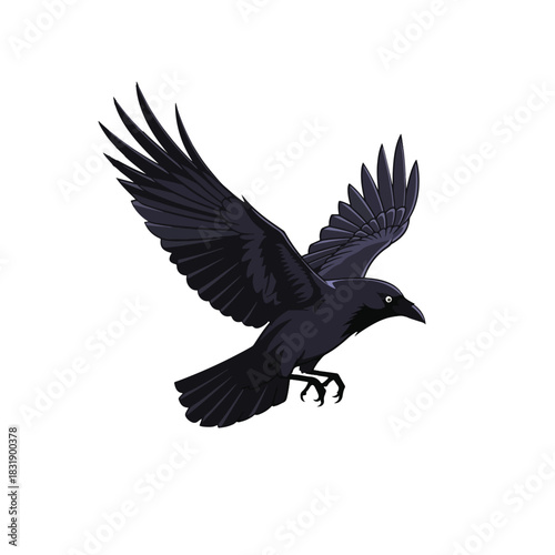 A dark raven, depicted in a stylized vector illustration, is shown in flight with its wings spread wide against a white background.