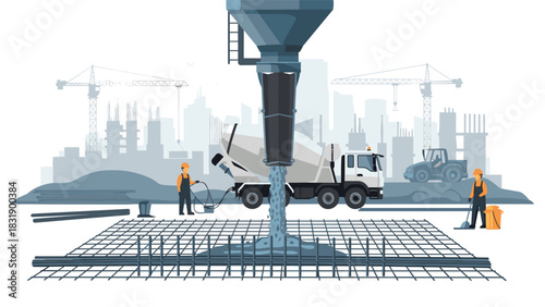 Construction workers pouring cement from a mixer truck for modern building foundation in a busy vibrant city skyline backdrop