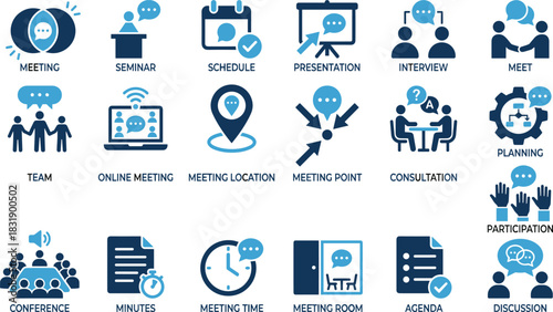 Meeting icon set, professional interaction symbols, business graphics, planning visuals, team collaboration tools, blue theme, agenda and discussion elements