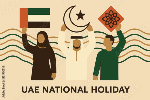 UAE Eid al-Fitr Holiday, United Arab Emirates national holiday, religious celebration, Islamic holiday, flat design, stylized mosque, abstract crescent moon, holiday artwork, festive illustration, sim
