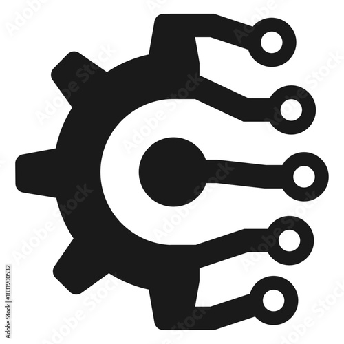 Tech gear circuit icon – hybrid symbol combining a mechanical gear with digital circuit lines, representing technology integration, automation, system upgrades, digital engineering, smart industry, an