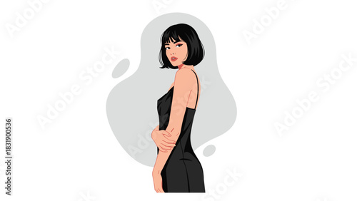 Elegant woman in black dress with bob hairstyle perfect for fashion and beauty campaigns, evoking stylish confidence and grace
