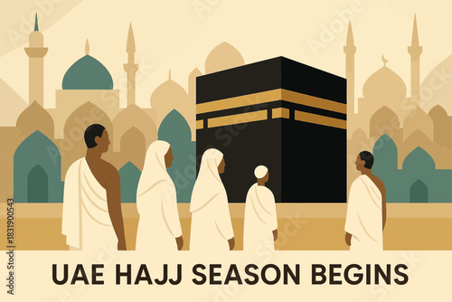 Geometric UAE Hajj Season Begins illustration with stylized mosque silhouettes Kaaba shapes and simplified observance composition
