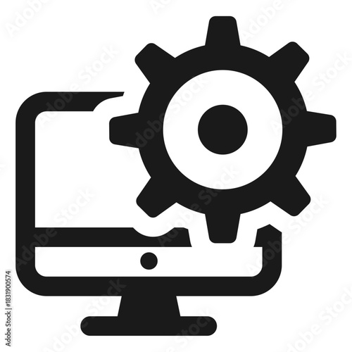 Computer setting gear icon – representing system configuration, desktop optimization, software setup, technical adjustments, maintenance tools, and digital management with a gear beside a monitor scre