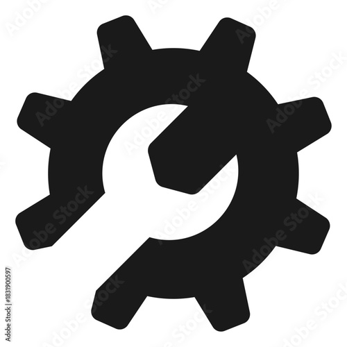Gear and wrench icon – representing system maintenance, technical support, configuration tools, software repair, hardware adjustment, and general settings management for devices and applications.
