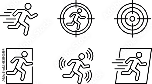 Running icon set, motion tracking symbols, speed graphics, athlete visuals, dynamic movement tools, black design, sport activity elements