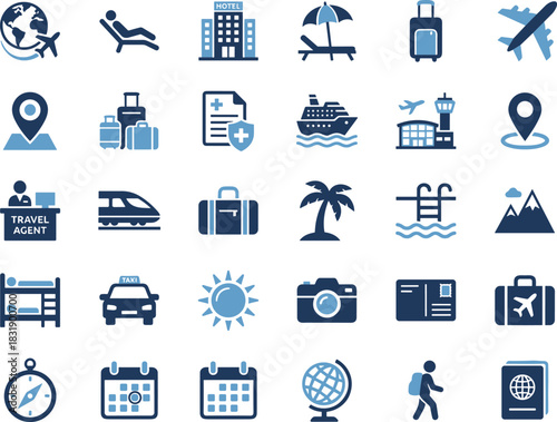Travel icon set, tourism symbols, vacation graphics, transportation visuals, hotel and passport, blue theme, global journey, trip planner