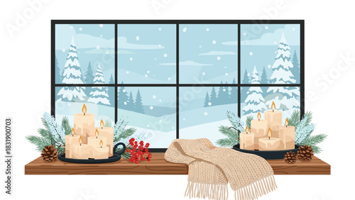 Cozy window scene with candles, pinecones, and scarf creating a warm inviting winter home atmosphere for holiday celebrations