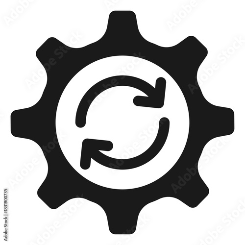 Gear with refresh arrows icon representing system update, automatic sync, configuration refresh, and continuous optimization processes in technical operations.
